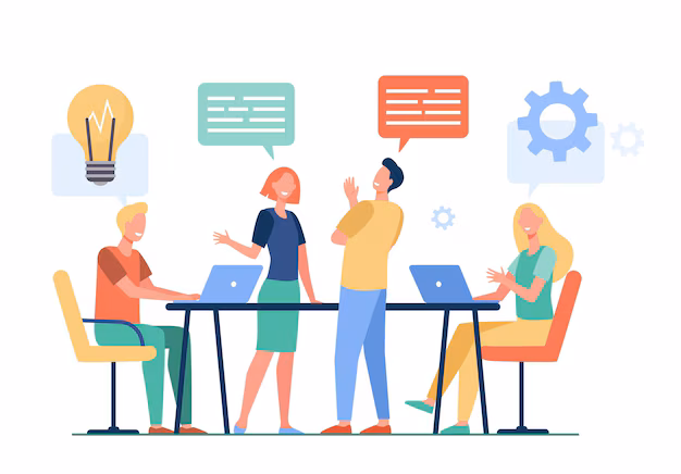 equipe-commerciale-planification-illustration-vectorielle-plane-processus-travail-dessin-anime-collegues-parlant-partageant-pensees-souriant-dans-bureau-entreprise-concept-travail-equipe-flux-travail_.avif